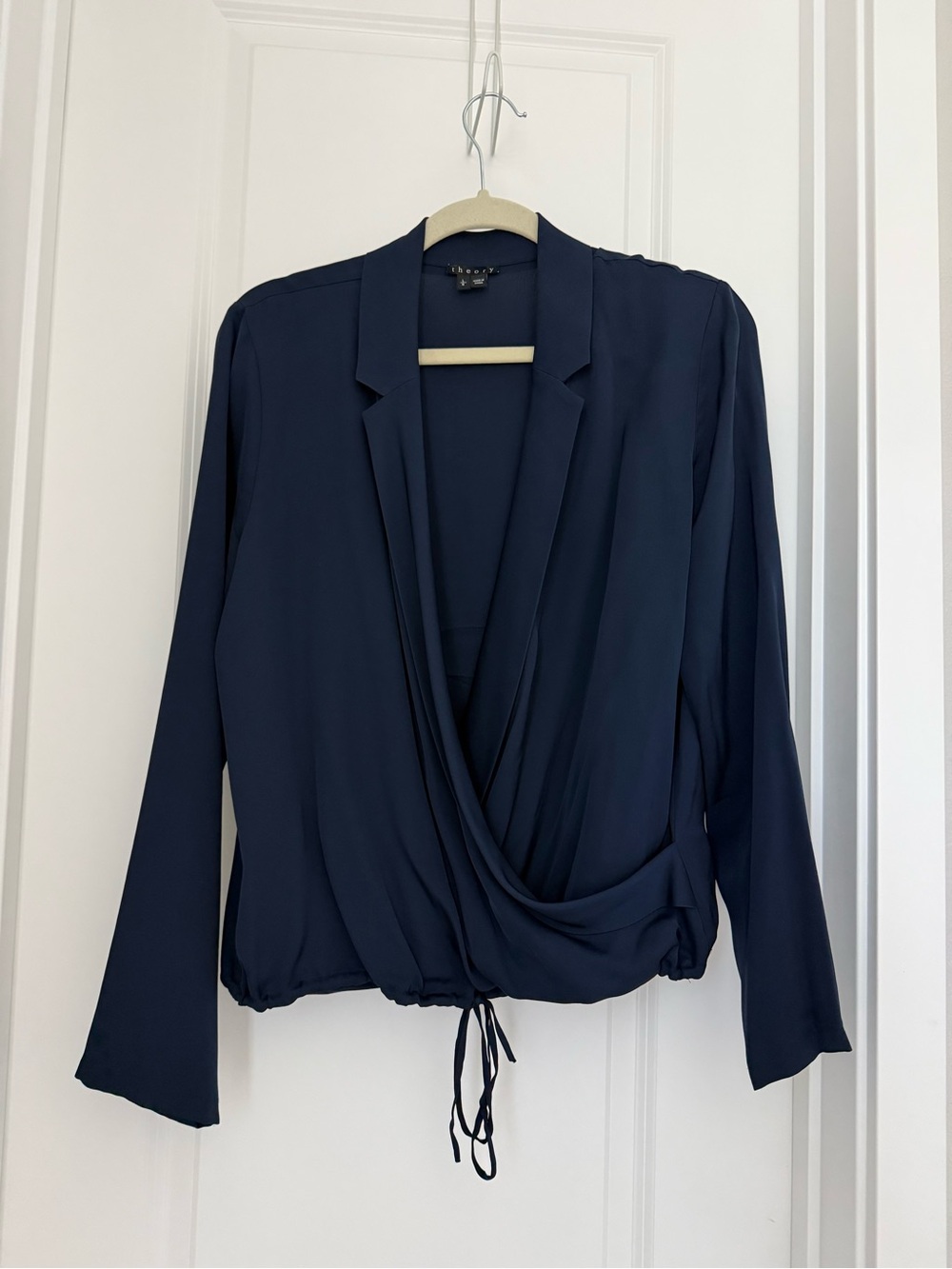 Theory Navy Draped Wrap SILK Blouse